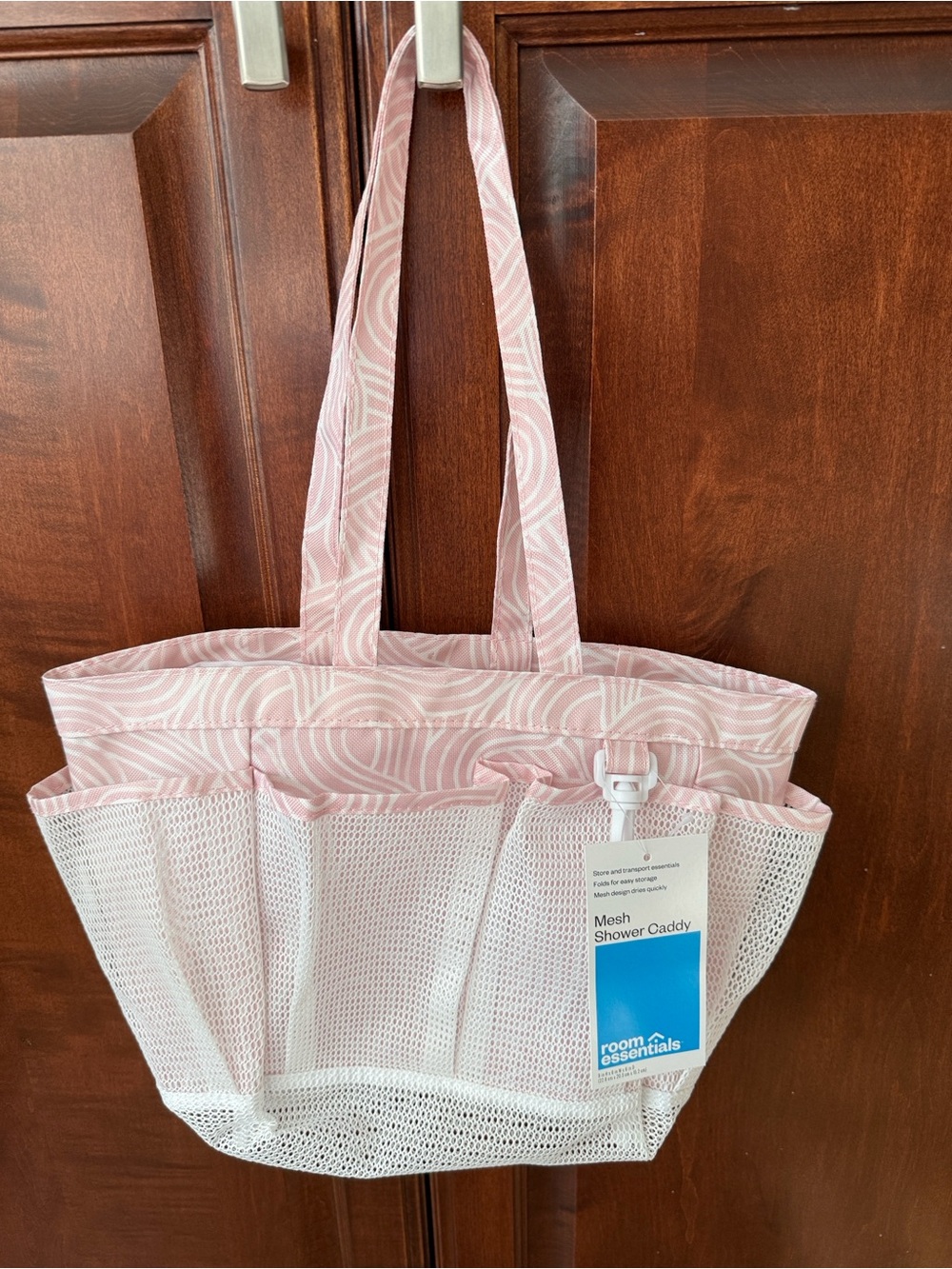 Room Essentials Pink and White Mesh Shower Caddy Tote with Patterned Trim NWT